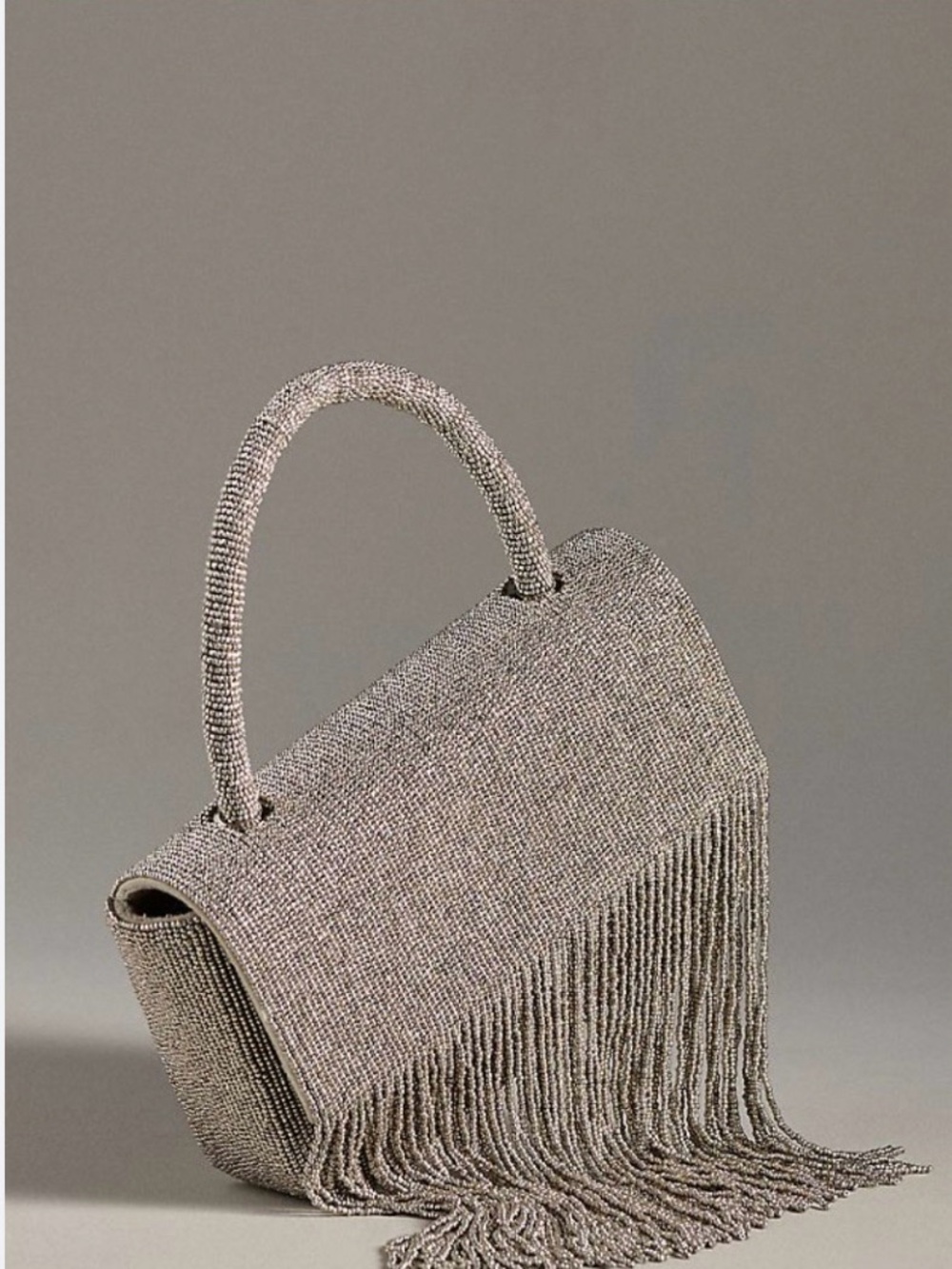 Anthropologie Silver Beaded Fringe Top-Handle Crossbody